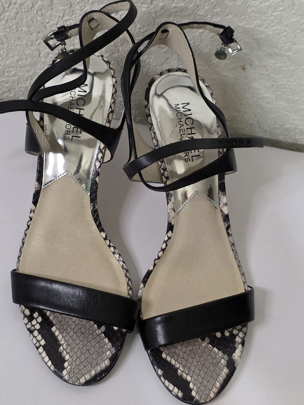 Michael Kors Black Strappy Sandals with Snake-Print Footbed